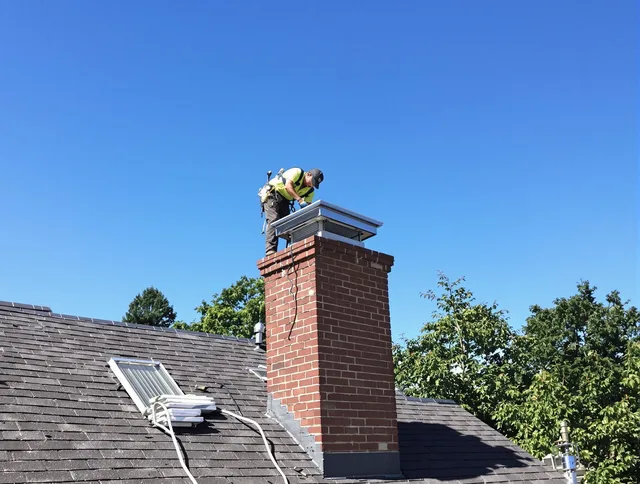 Medway Chimney Sweep technician measuring a chimney cap in Medway, MA