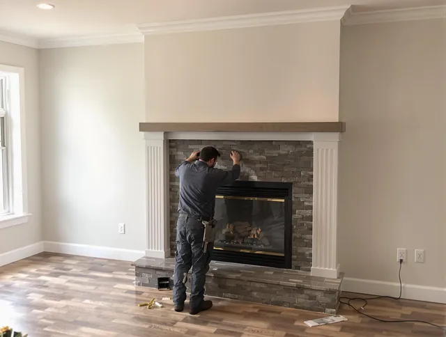 Medway Chimney Sweep finishing a custom fireplace install in Medway, MA